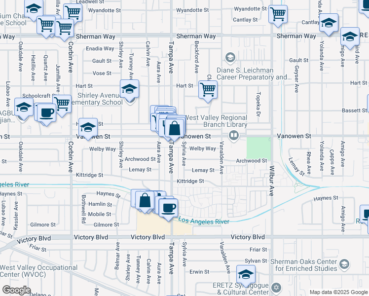 map of restaurants, bars, coffee shops, grocery stores, and more near 6705 Sylvia Avenue in Los Angeles