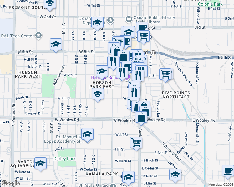 map of restaurants, bars, coffee shops, grocery stores, and more near 859 South B Street in Oxnard