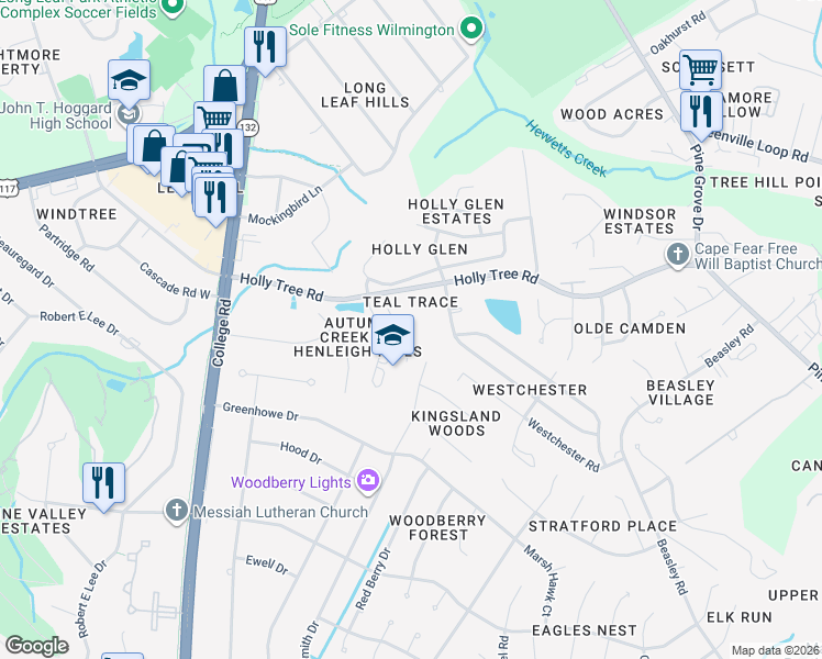 map of restaurants, bars, coffee shops, grocery stores, and more near 4950 Holly Tree Road in Wilmington