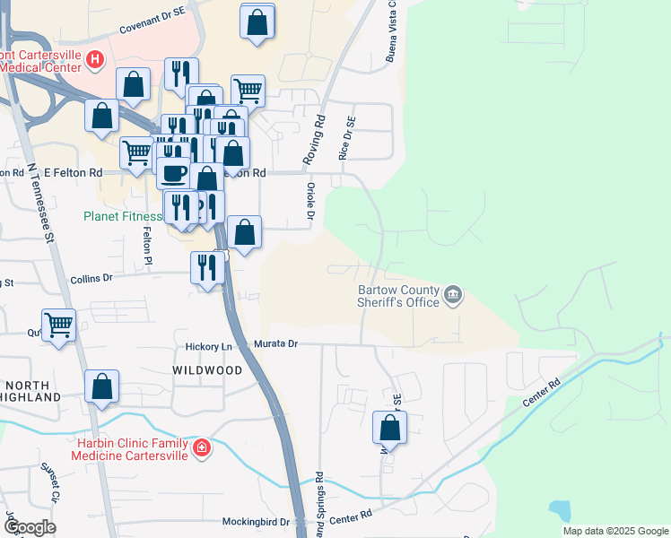 map of restaurants, bars, coffee shops, grocery stores, and more near 12001206 Stonehaven Circle in Cartersville