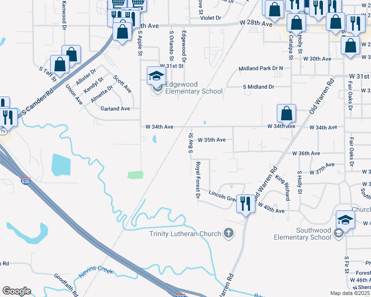 map of restaurants, bars, coffee shops, grocery stores, and more near 3604S South Bay Street in Pine Bluff