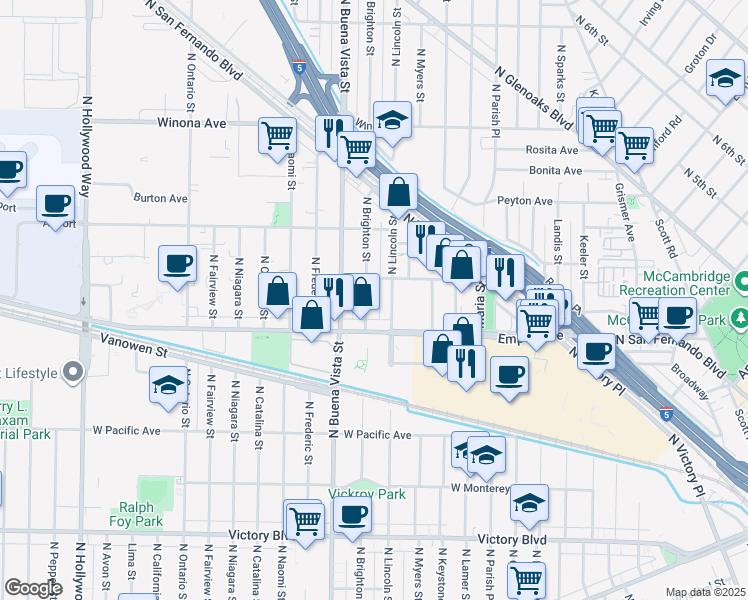 map of restaurants, bars, coffee shops, grocery stores, and more near 2030 North Brighton Street in Burbank