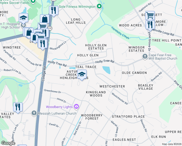 map of restaurants, bars, coffee shops, grocery stores, and more near 4950 Holly Tree Road in Wilmington