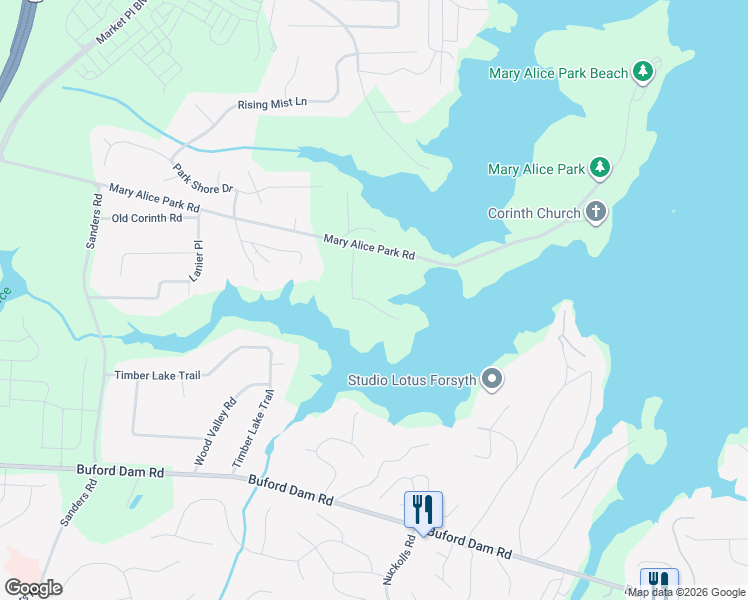 map of restaurants, bars, coffee shops, grocery stores, and more near 1535 Moorings Way in Cumming