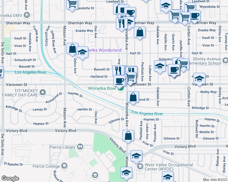 map of restaurants, bars, coffee shops, grocery stores, and more near 6738 Laramie Avenue in Los Angeles