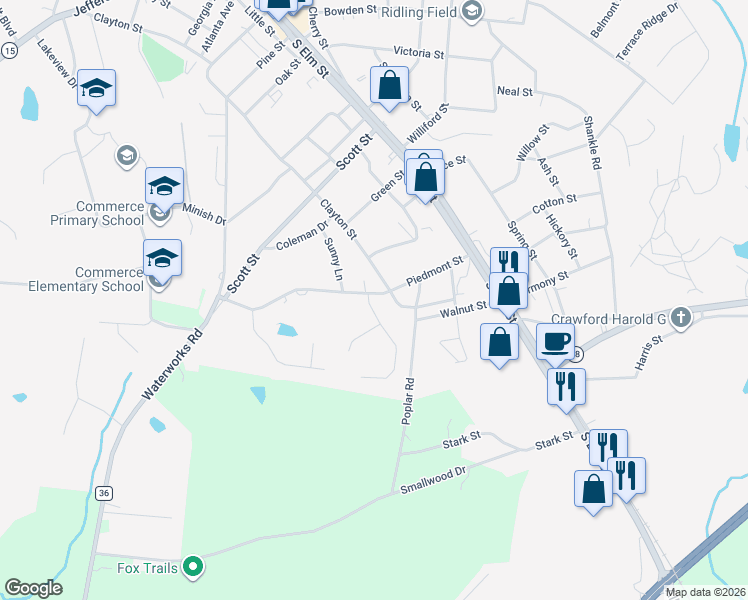 map of restaurants, bars, coffee shops, grocery stores, and more near 31 Creekdale Drive in Commerce