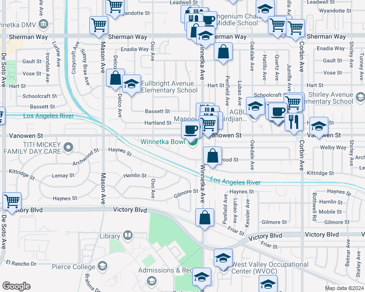 map of restaurants, bars, coffee shops, grocery stores, and more near 6738 Laramie Avenue in Los Angeles