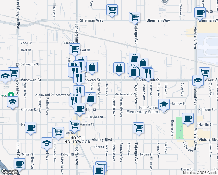 map of restaurants, bars, coffee shops, grocery stores, and more near 6706 Beck Avenue in Los Angeles