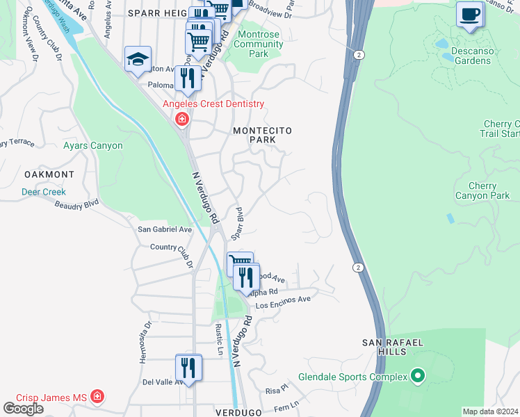 map of restaurants, bars, coffee shops, grocery stores, and more near 1928 Montecito Drive in Glendale