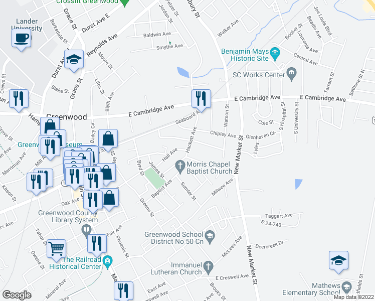 map of restaurants, bars, coffee shops, grocery stores, and more near 1129 Hall Avenue in Greenwood