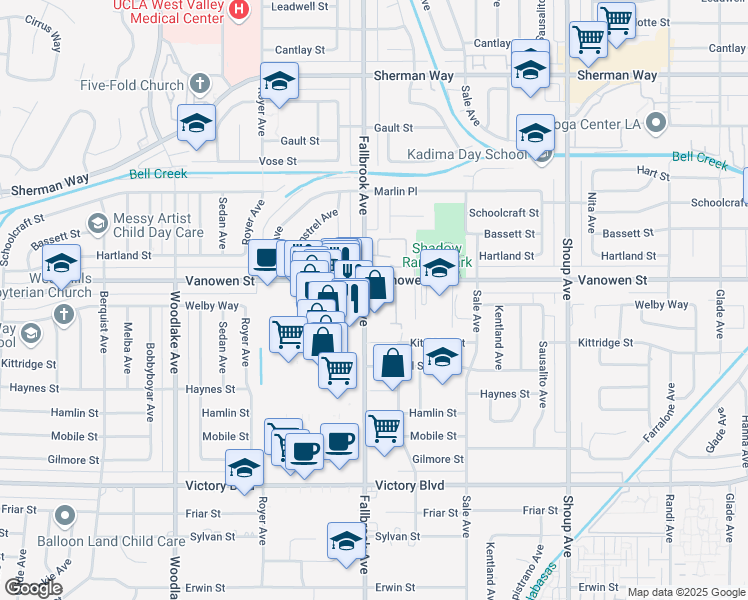 map of restaurants, bars, coffee shops, grocery stores, and more near 6740 Fallbrook Avenue in Los Angeles