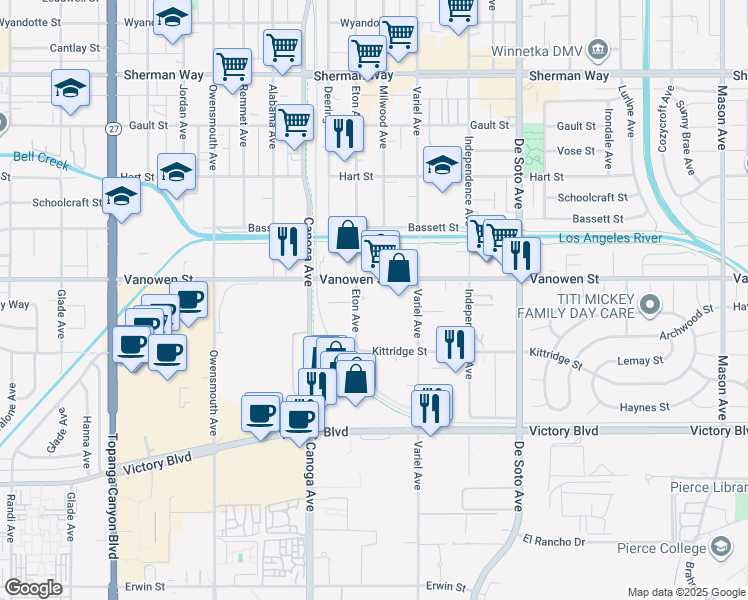 map of restaurants, bars, coffee shops, grocery stores, and more near 6700 Eton Avenue in Los Angeles