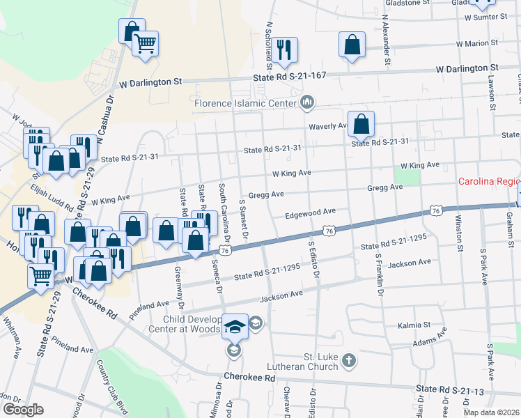 map of restaurants, bars, coffee shops, grocery stores, and more near 216 South Sunset Drive in Florence