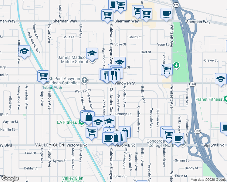 map of restaurants, bars, coffee shops, grocery stores, and more near 6738 Coldwater Canyon Avenue in Los Angeles