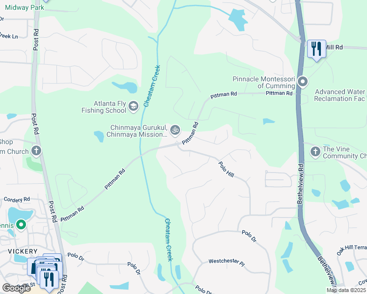 map of restaurants, bars, coffee shops, grocery stores, and more near 7430 Polo Hill in Cumming