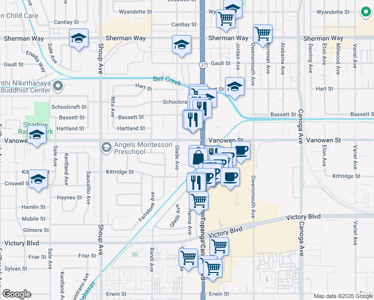 map of restaurants, bars, coffee shops, grocery stores, and more near 22038 Vanowen Street in Los Angeles
