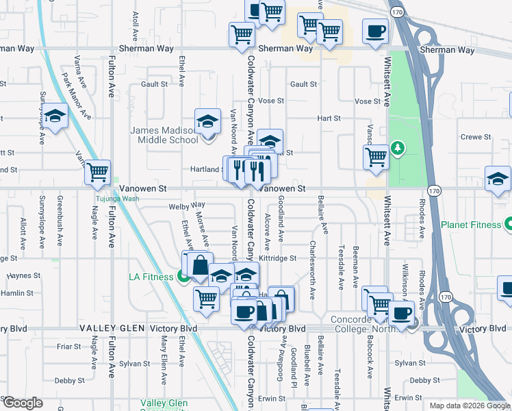 map of restaurants, bars, coffee shops, grocery stores, and more near 6738 Coldwater Canyon Avenue in Los Angeles