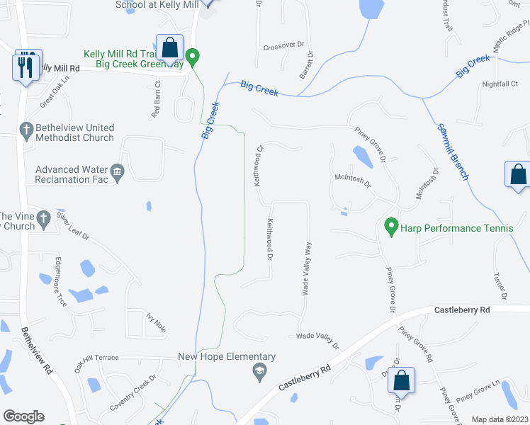 map of restaurants, bars, coffee shops, grocery stores, and more near 5310 Keithwood Drive in Cumming
