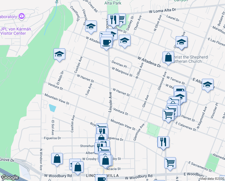 map of restaurants, bars, coffee shops, grocery stores, and more near 2736 Lincoln Avenue in Altadena