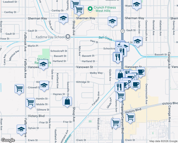 map of restaurants, bars, coffee shops, grocery stores, and more near 22251 Welby Way in Los Angeles