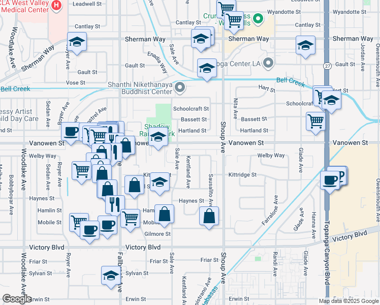 map of restaurants, bars, coffee shops, grocery stores, and more near 22513 Welby Way in Los Angeles
