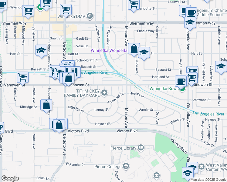 map of restaurants, bars, coffee shops, grocery stores, and more near 20533 Archwood Street in Los Angeles