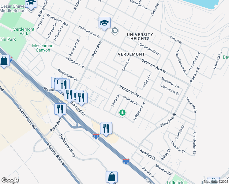 map of restaurants, bars, coffee shops, grocery stores, and more near 6155 Olive Avenue in San Bernardino