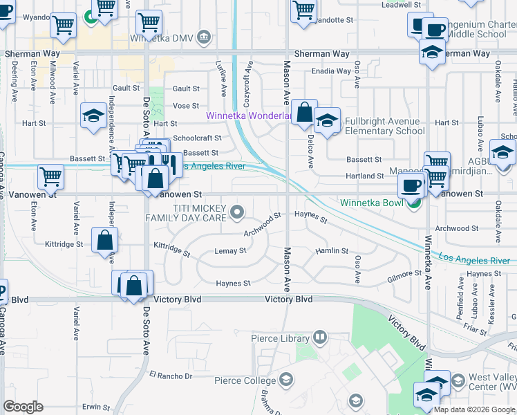 map of restaurants, bars, coffee shops, grocery stores, and more near 6744 Cozycroft Avenue in Los Angeles