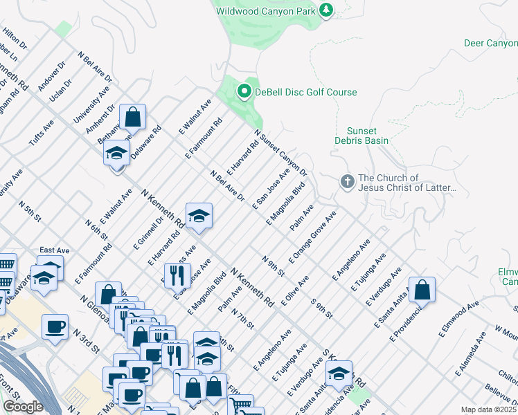 map of restaurants, bars, coffee shops, grocery stores, and more near 1000 East San Jose Avenue in Burbank