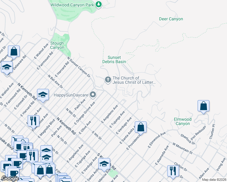 map of restaurants, bars, coffee shops, grocery stores, and more near 110 South Sunset Canyon Drive in Burbank