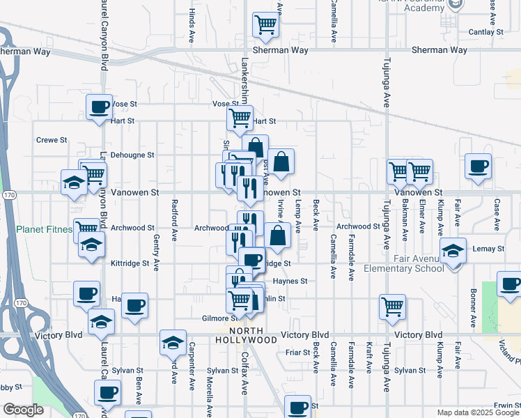 map of restaurants, bars, coffee shops, grocery stores, and more near 6708 Lankershim Boulevard in Los Angeles