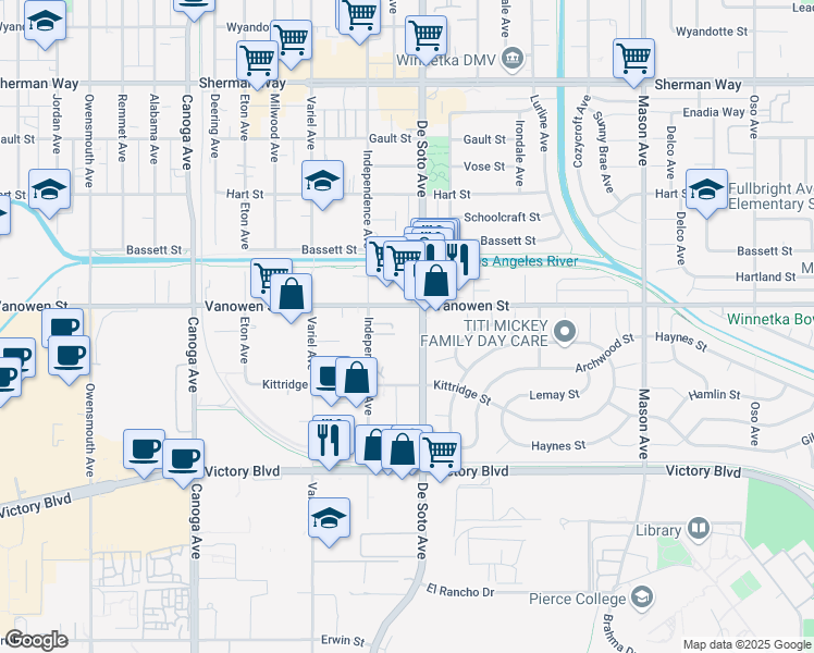 map of restaurants, bars, coffee shops, grocery stores, and more near 6737 De Soto Avenue in Canoga Park