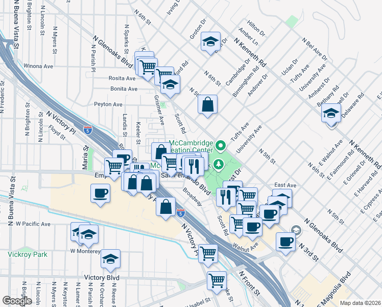 map of restaurants, bars, coffee shops, grocery stores, and more near 1601 Scott Road in Burbank