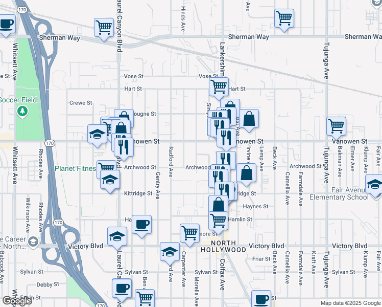 map of restaurants, bars, coffee shops, grocery stores, and more near 6731 Morella Avenue in Los Angeles