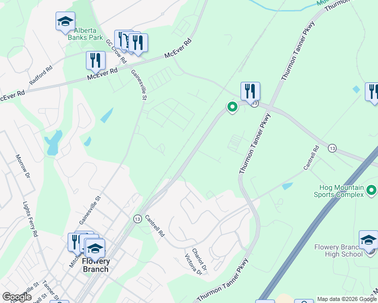 map of restaurants, bars, coffee shops, grocery stores, and more near 4704 Atlanta Highway in Flowery Branch