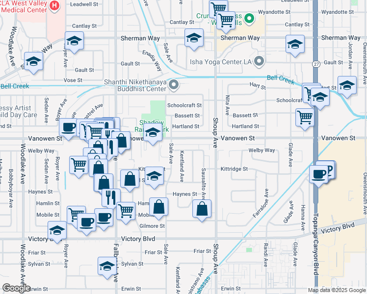 map of restaurants, bars, coffee shops, grocery stores, and more near 22513 Welby Way in Los Angeles
