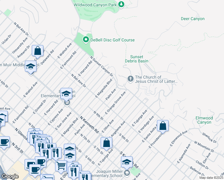 map of restaurants, bars, coffee shops, grocery stores, and more near 1051 East Palm Avenue in Burbank