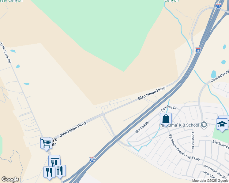 map of restaurants, bars, coffee shops, grocery stores, and more near 17335 Glen Helen Parkway in San Bernardino