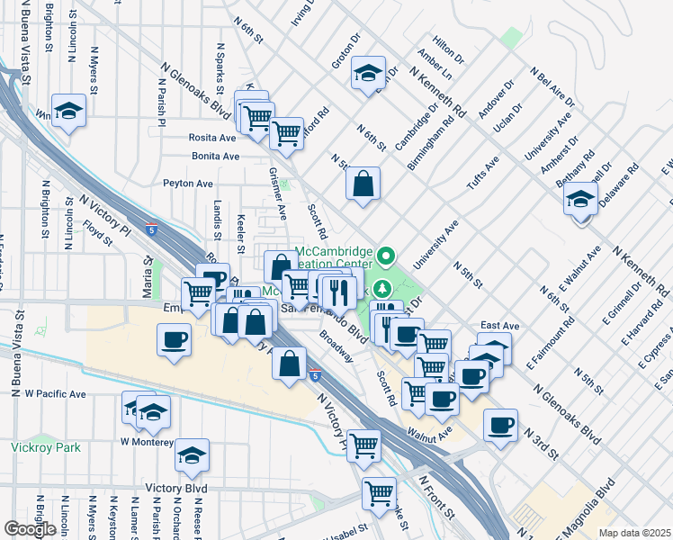 map of restaurants, bars, coffee shops, grocery stores, and more near 1555 Scott Road in Burbank