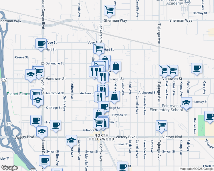 map of restaurants, bars, coffee shops, grocery stores, and more near 6708 Lankershim Boulevard in Los Angeles