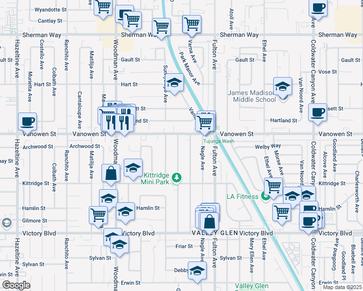 map of restaurants, bars, coffee shops, grocery stores, and more near 6711 Varna Avenue in Los Angeles