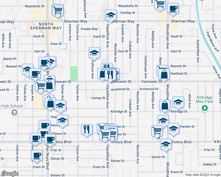 map of restaurants, bars, coffee shops, grocery stores, and more near 6706 Hazeltine Avenue in Los Angeles
