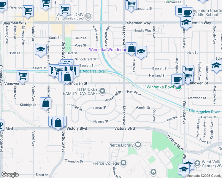 map of restaurants, bars, coffee shops, grocery stores, and more near 20533 Archwood Street in Los Angeles