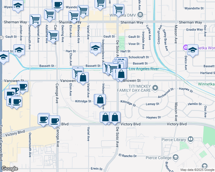 map of restaurants, bars, coffee shops, grocery stores, and more near 6722 Independence Avenue in Los Angeles