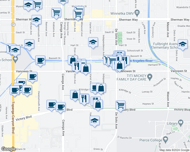 map of restaurants, bars, coffee shops, grocery stores, and more near 6709 Independence Avenue in Los Angeles