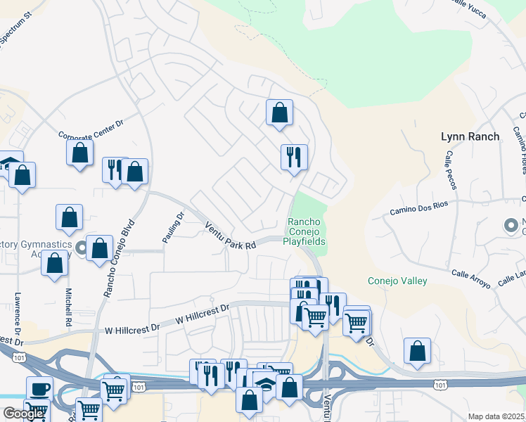 map of restaurants, bars, coffee shops, grocery stores, and more near 991 Javelin Court in Thousand Oaks