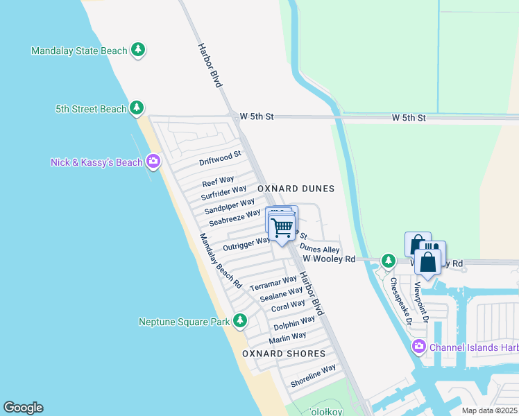 map of restaurants, bars, coffee shops, grocery stores, and more near 5121 Seabreeze Way in Oxnard