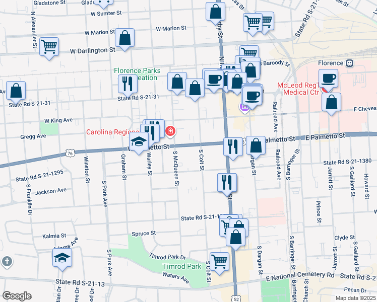 map of restaurants, bars, coffee shops, grocery stores, and more near 308 South McQueen Street in Florence
