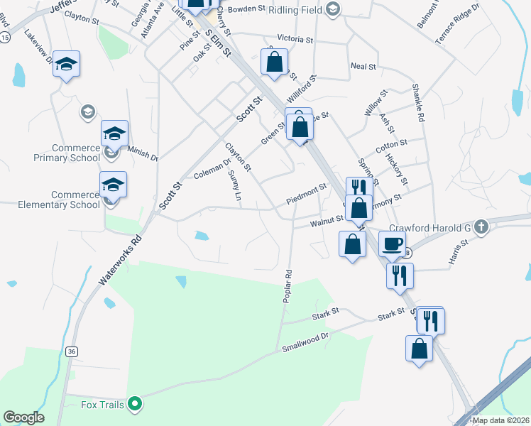 map of restaurants, bars, coffee shops, grocery stores, and more near 31 Creekdale Drive in Commerce