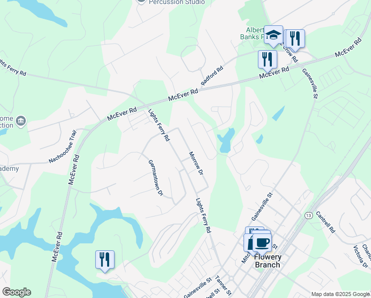 map of restaurants, bars, coffee shops, grocery stores, and more near 6054 Lights Ferry Road in Flowery Branch